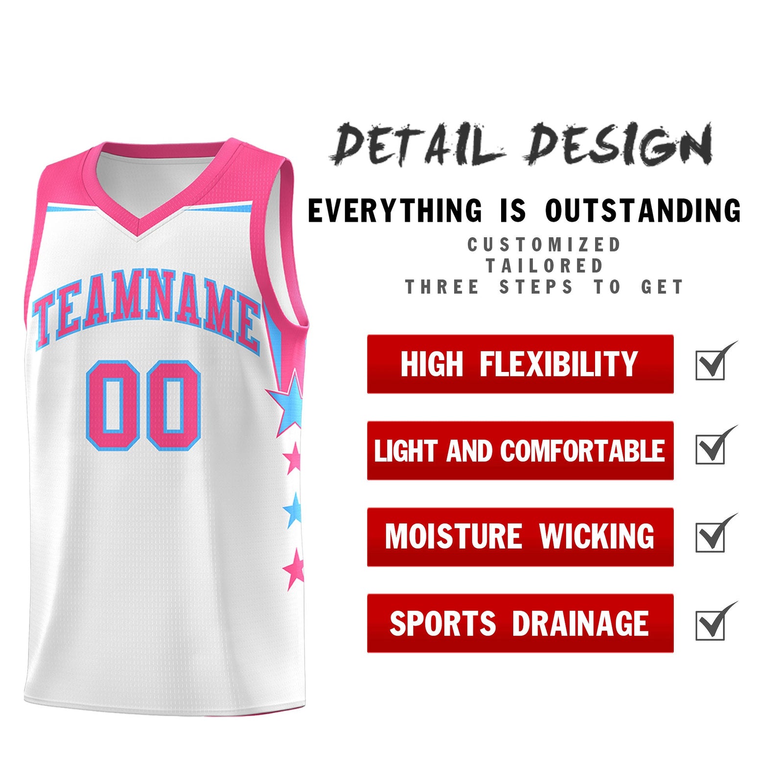 Custom Youth Basketball Uniform White Pink Two Tone Side Star Add Name Number & Logo