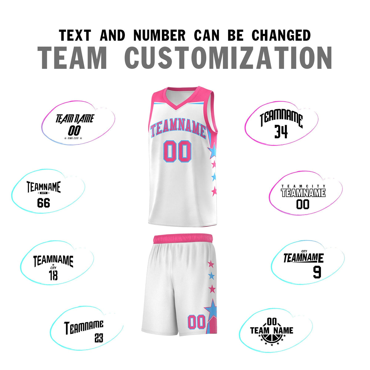 Custom Youth Basketball Uniform White Pink Two Tone Side Star Add Name Number & Logo