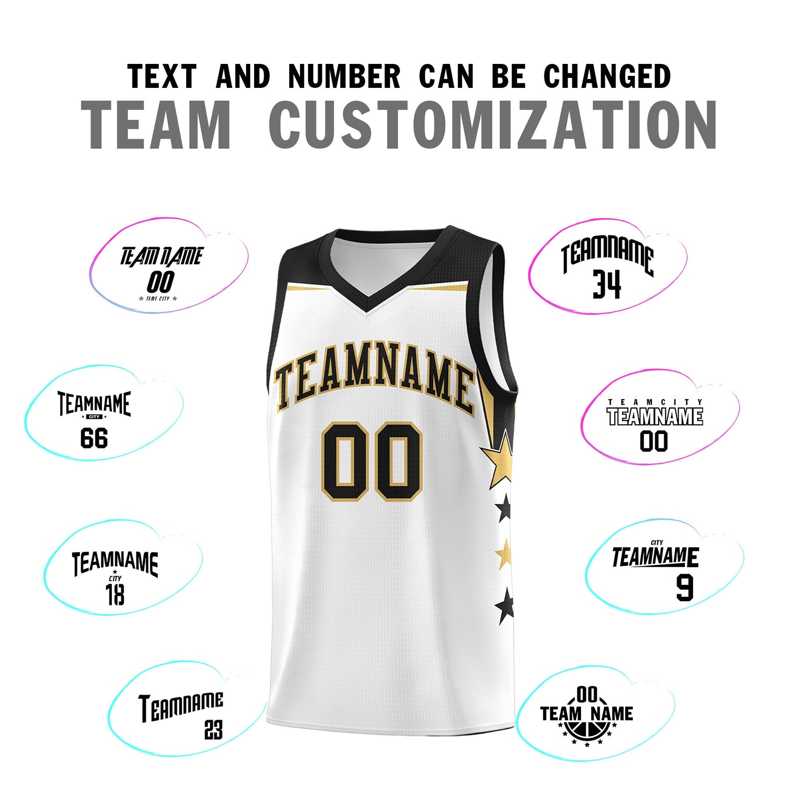Custom Youth Basketball Uniform White Black Two Tone Side Star Add Name Number & Logo