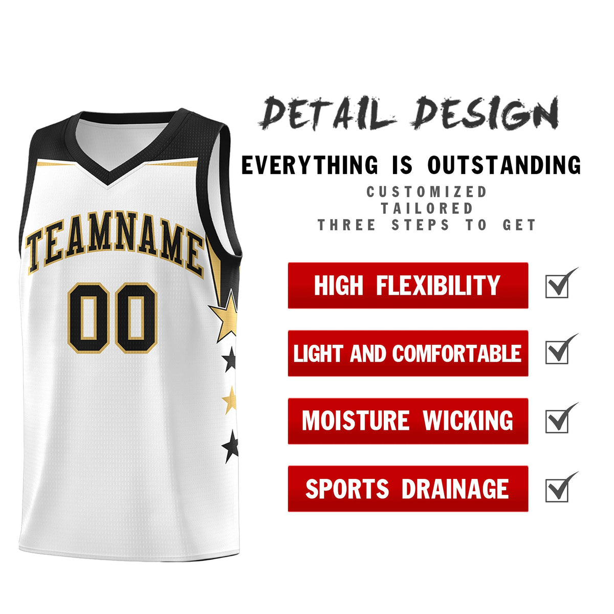 Custom Youth Basketball Uniform White Black Two Tone Side Star Add Name Number & Logo