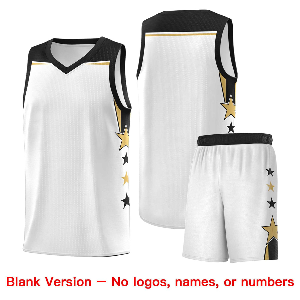 Custom Youth Basketball Uniform White Black Two Tone Side Star Add Name Number & Logo