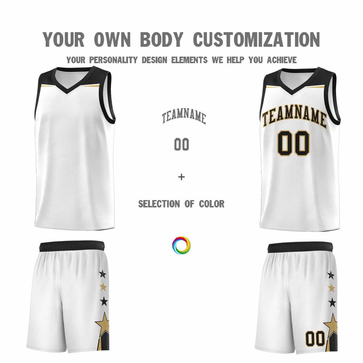 Custom Youth Basketball Uniform White Black Two Tone Side Star Add Name Number & Logo