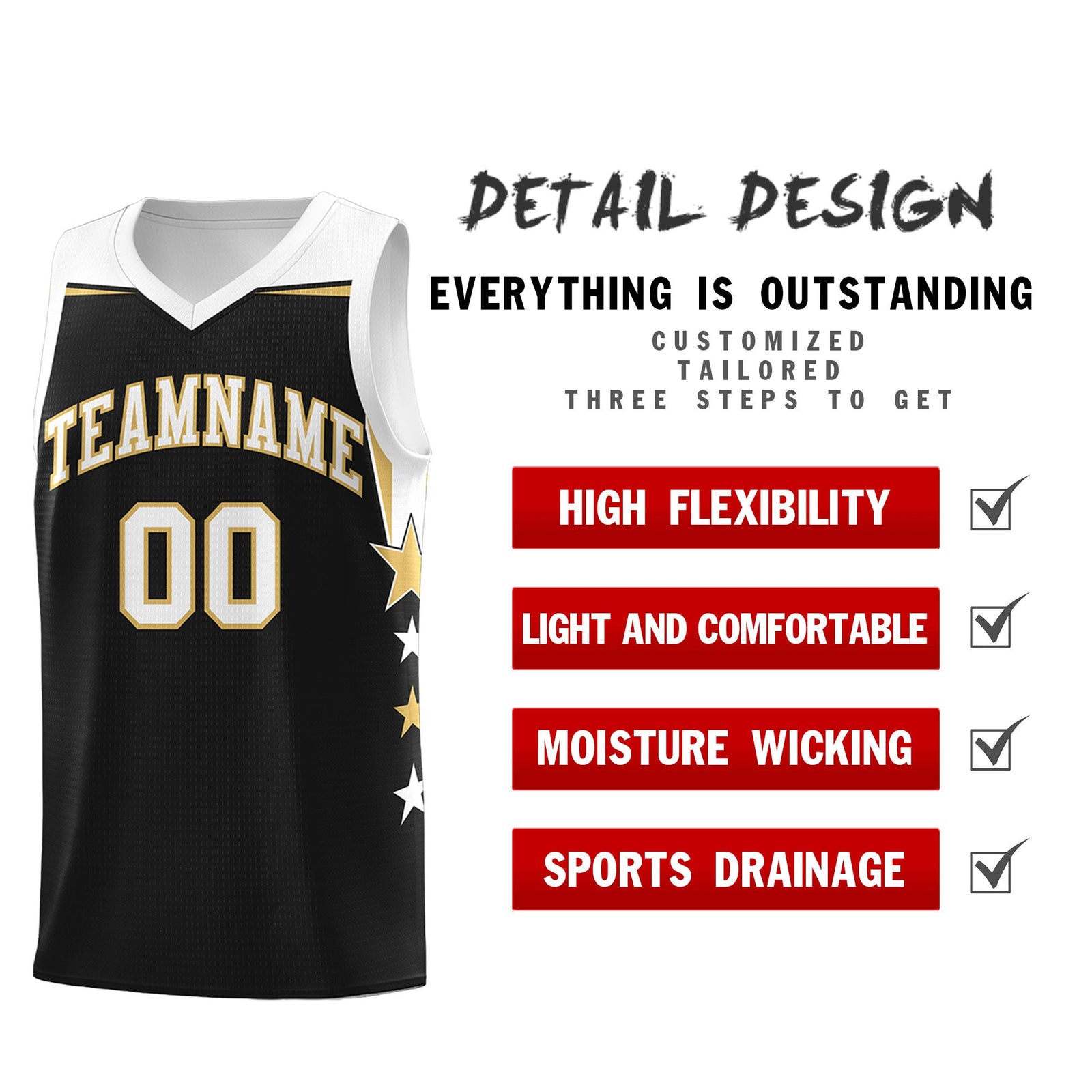 Custom Youth Basketball Uniform Black White Two Tone Side Star Personalized Team Jersey
