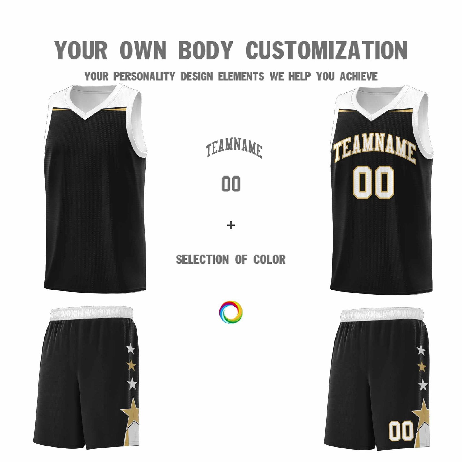 Custom Youth Basketball Uniform Black White Two Tone Side Star Personalized Team Jersey