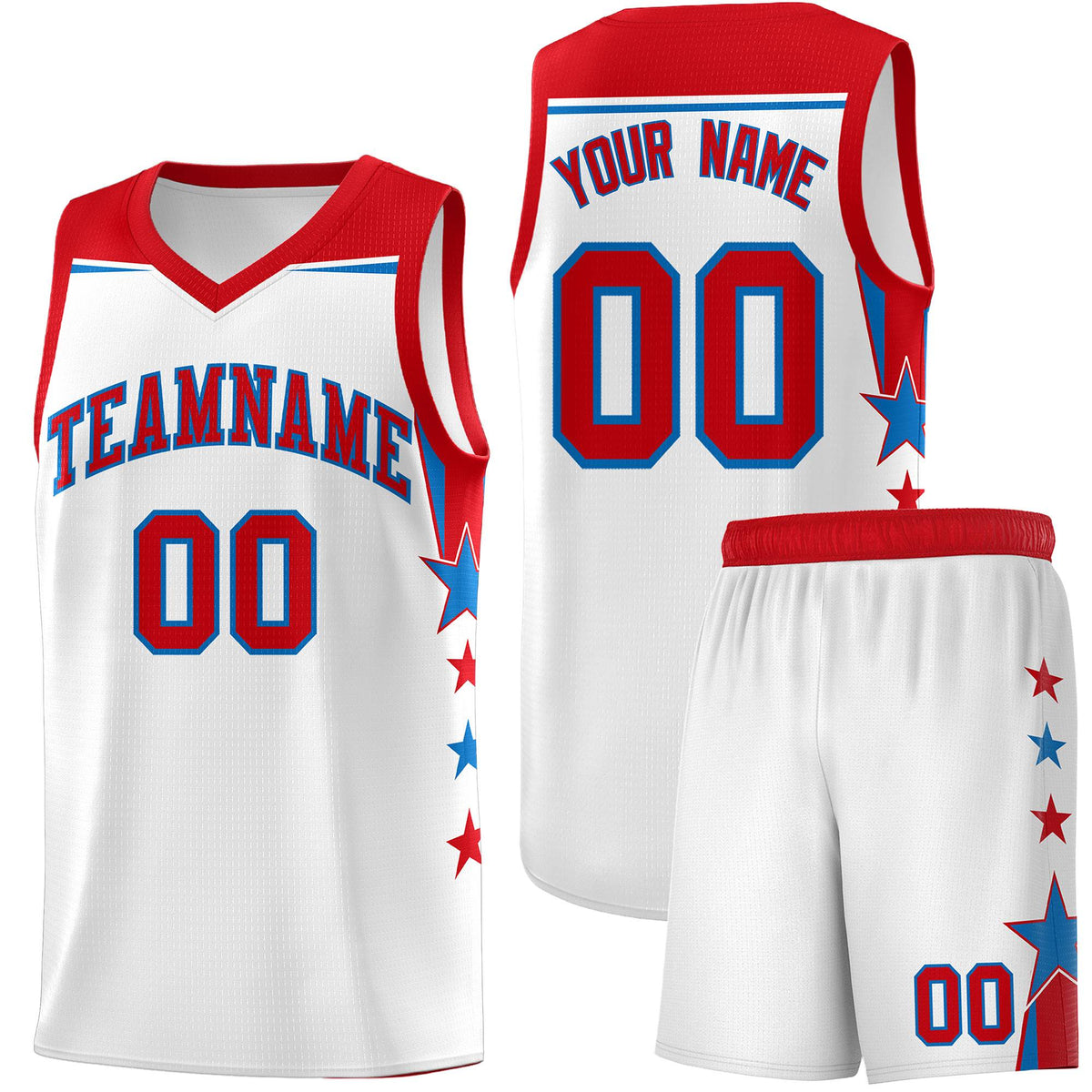 Custom Youth Basketball Uniform White Red Two Tone Side Star Add Name Number & Logo