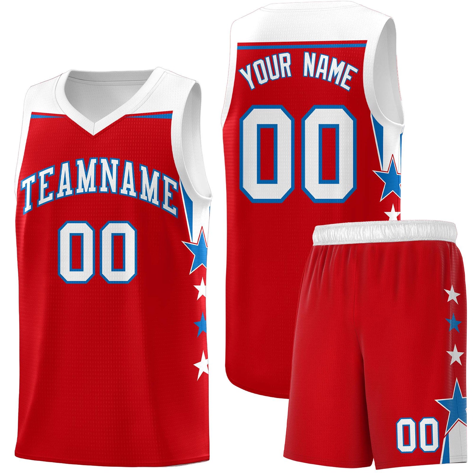 Custom Youth Basketball Uniform Red White Two Tone Side Star Personalized Team Jersey