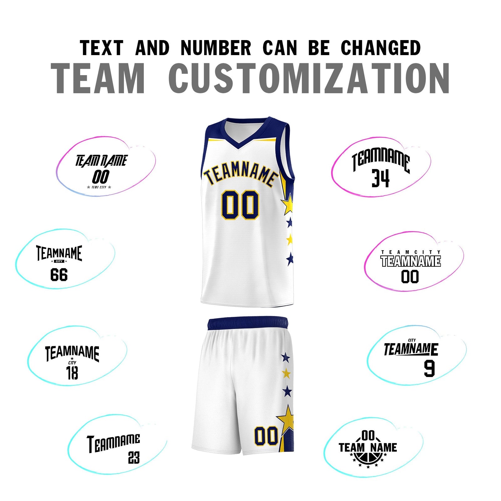 Custom Youth Basketball Uniform White Navy Two Tone Side Star Personalized Team Jersey