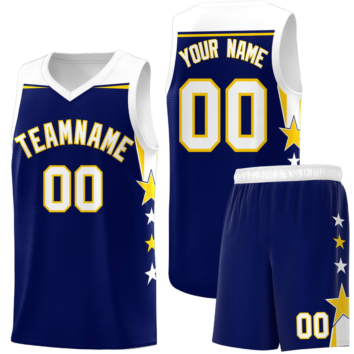 Custom Youth Basketball Uniform Navy White Two Tone Side Star Add Name Number & Logo