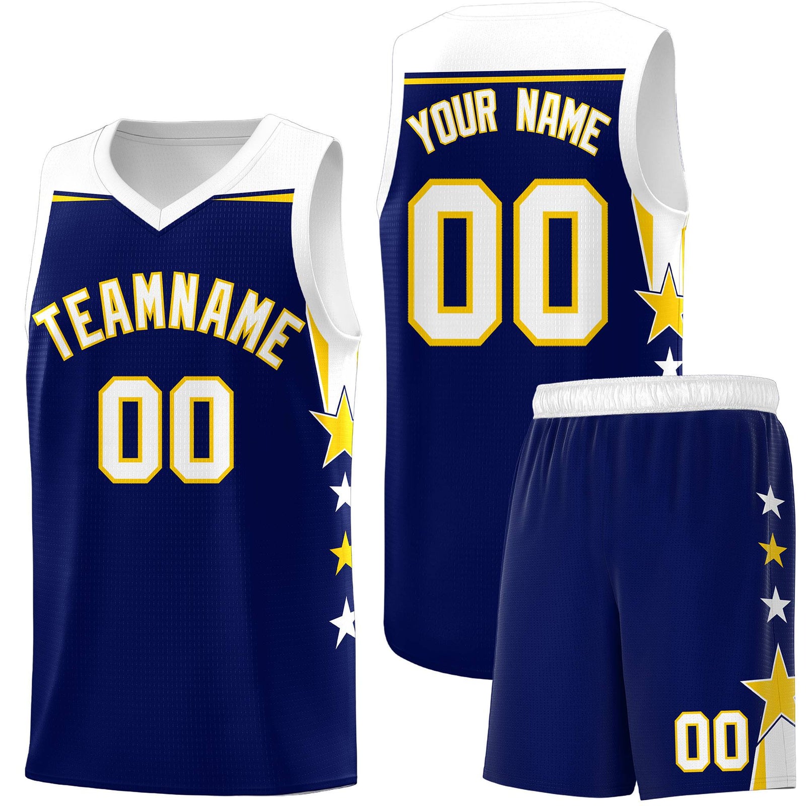 Custom Youth Basketball Uniform Navy White Two Tone Side Star Add Name Number & Logo