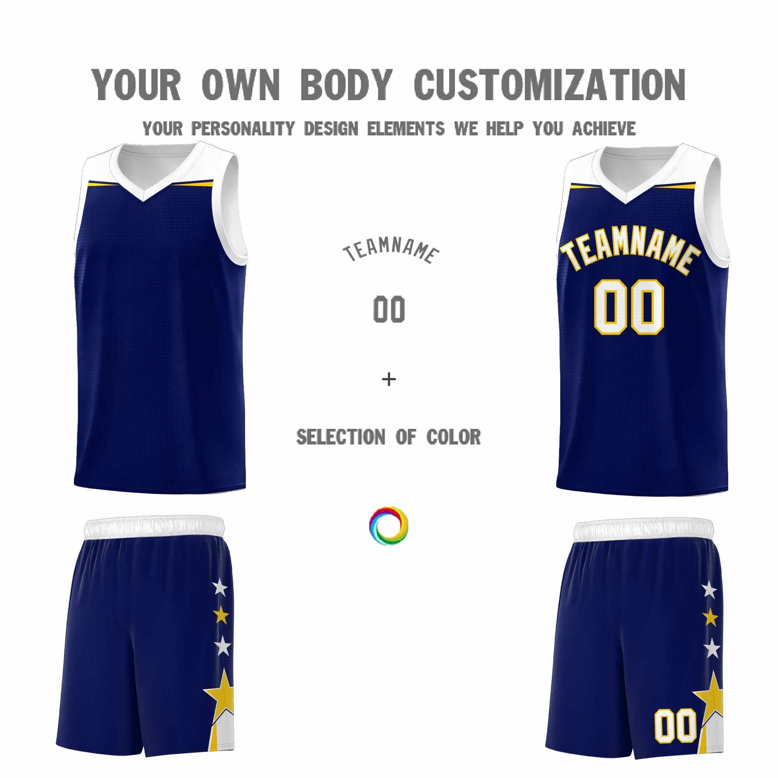 Custom Youth Basketball Uniform Navy White Two Tone Side Star Add Name Number & Logo