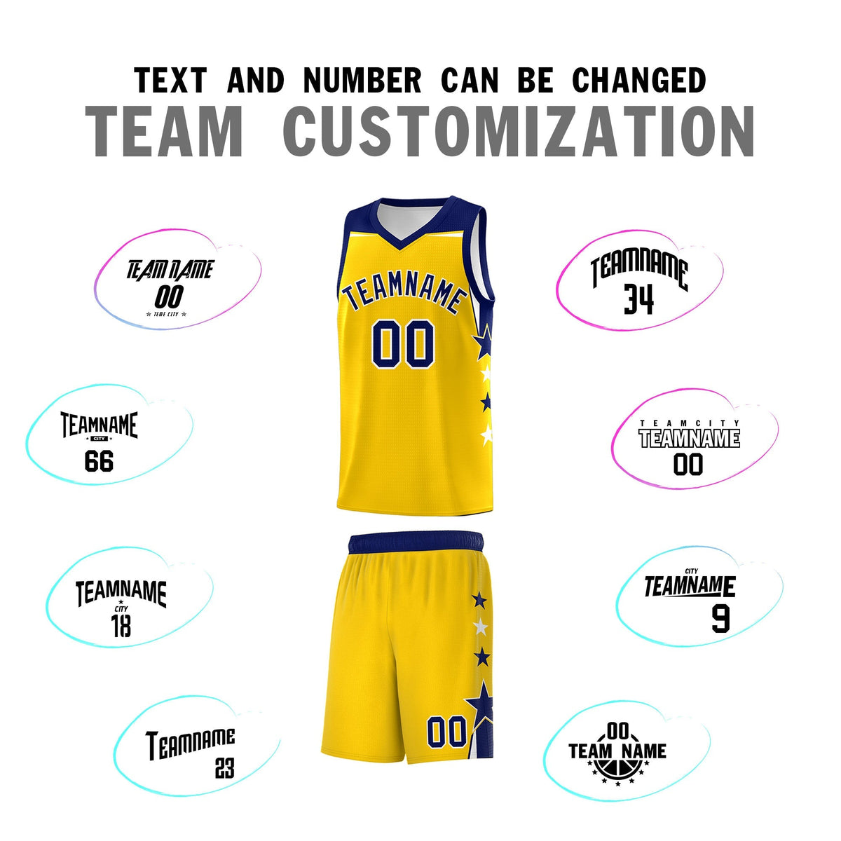 Custom Youth Basketball Uniform Gold Navy Two Tone Side Star Personalized Team Jersey