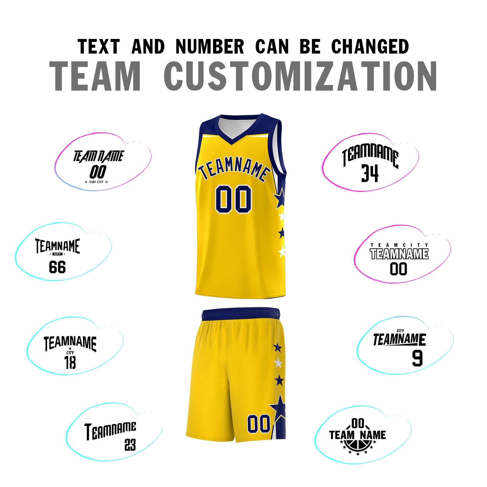 Custom Youth Basketball Uniform Gold Navy Two Tone Side Star Personalized Team Jersey