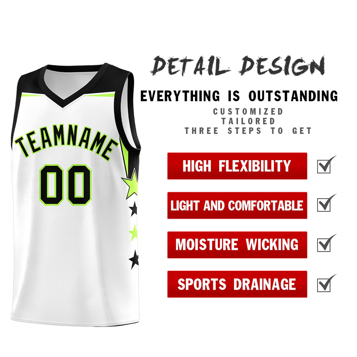 Custom Youth Basketball Uniform White Black Two Tone Side Star Add Name Number & Logo