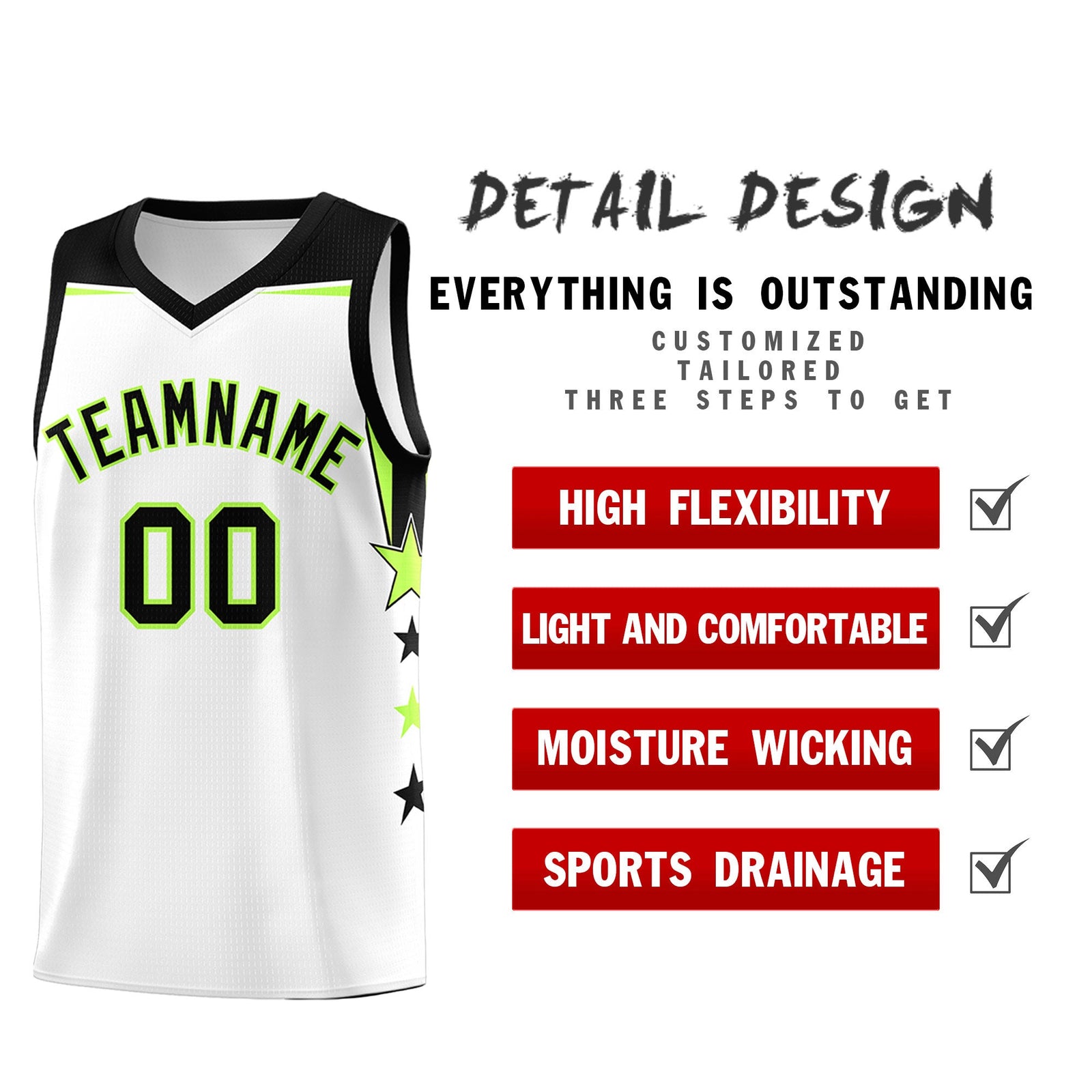 Custom Youth Basketball Uniform White Black Two Tone Side Star Add Name Number & Logo