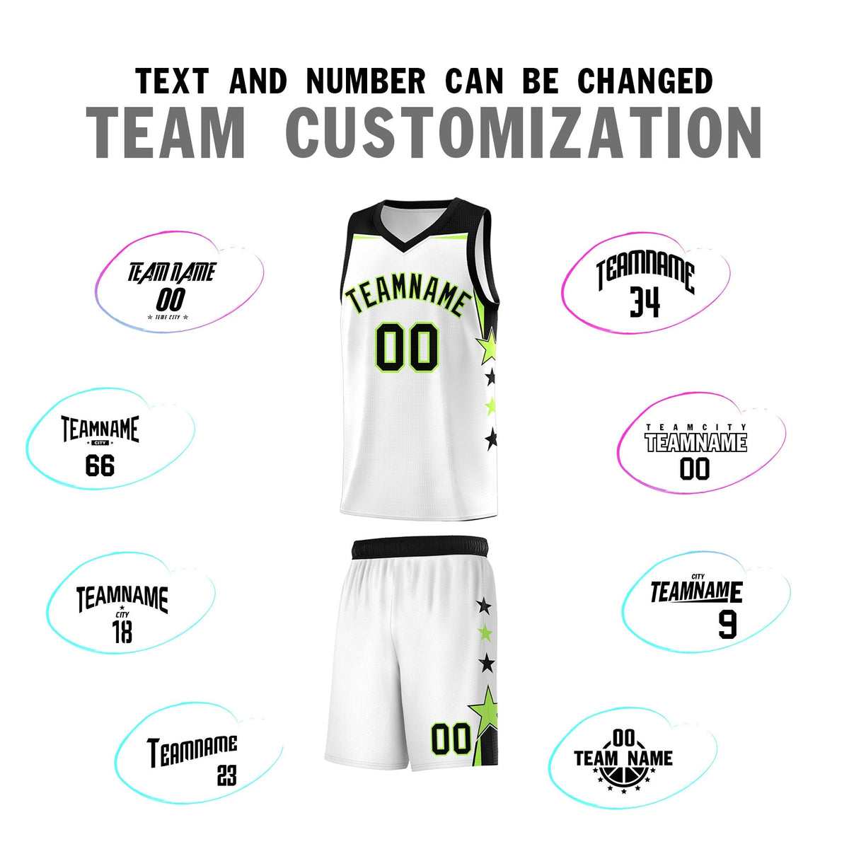 Custom Youth Basketball Uniform White Black Two Tone Side Star Add Name Number & Logo