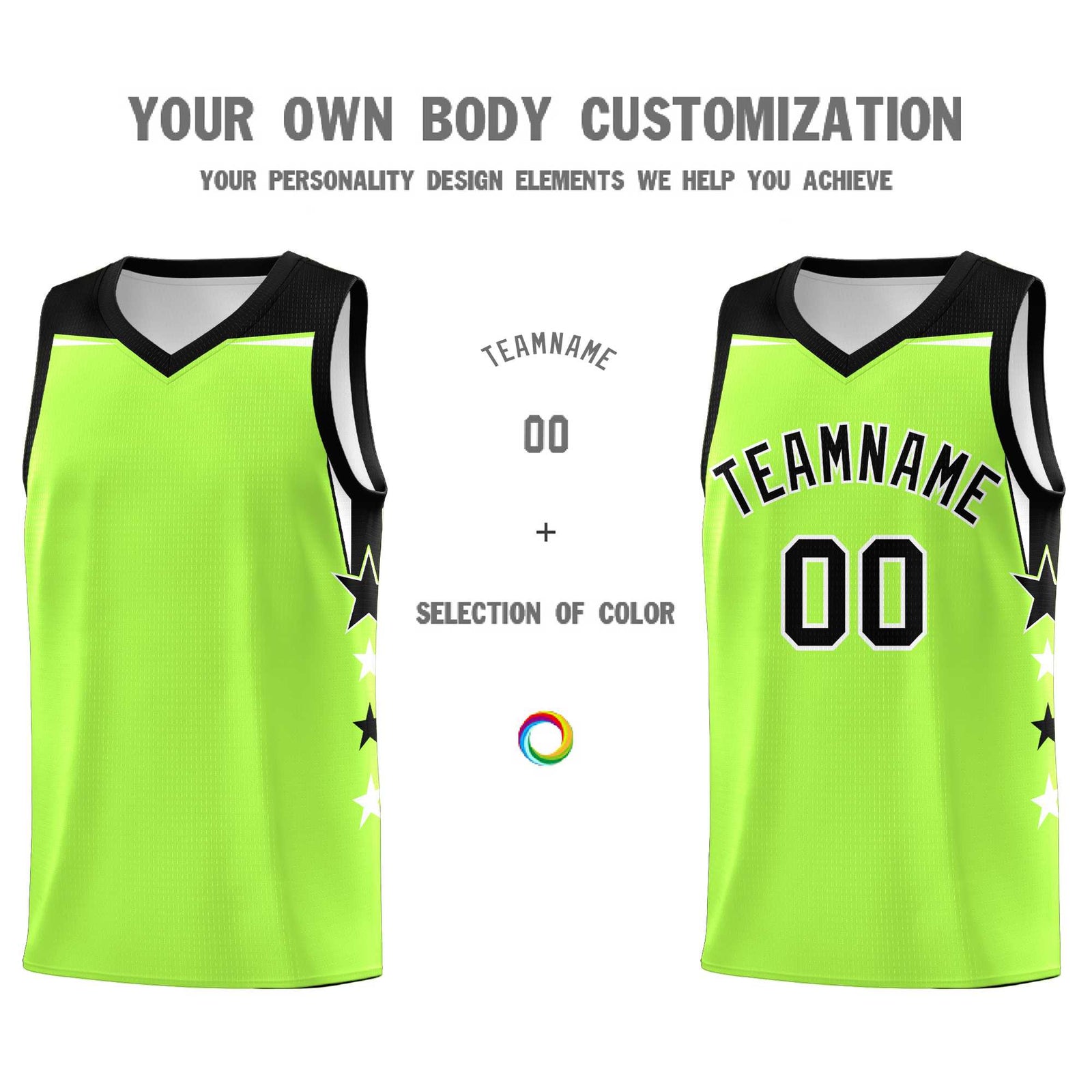 Custom Youth Basketball Uniform Fluorescent Green Black Two Tone Side Star Add Name Number & Logo