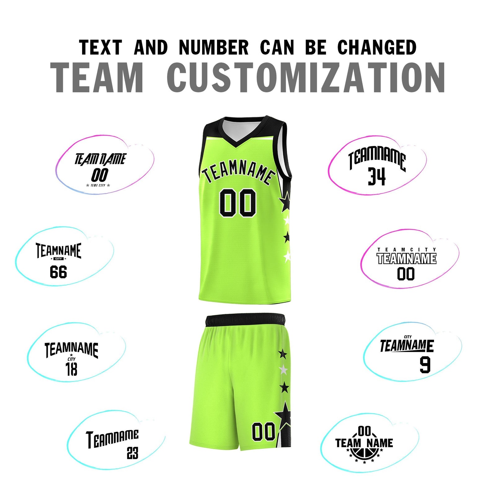 Custom Youth Basketball Uniform Fluorescent Green Black Two Tone Side Star Add Name Number & Logo