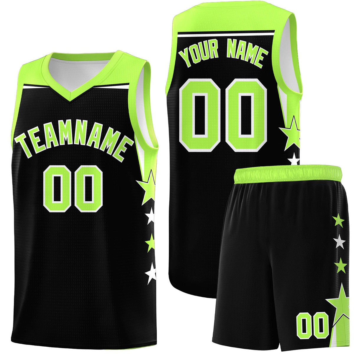 Custom Youth Basketball Uniform Black Fluorescent Green Two Tone Side Star Personalized Team Jersey