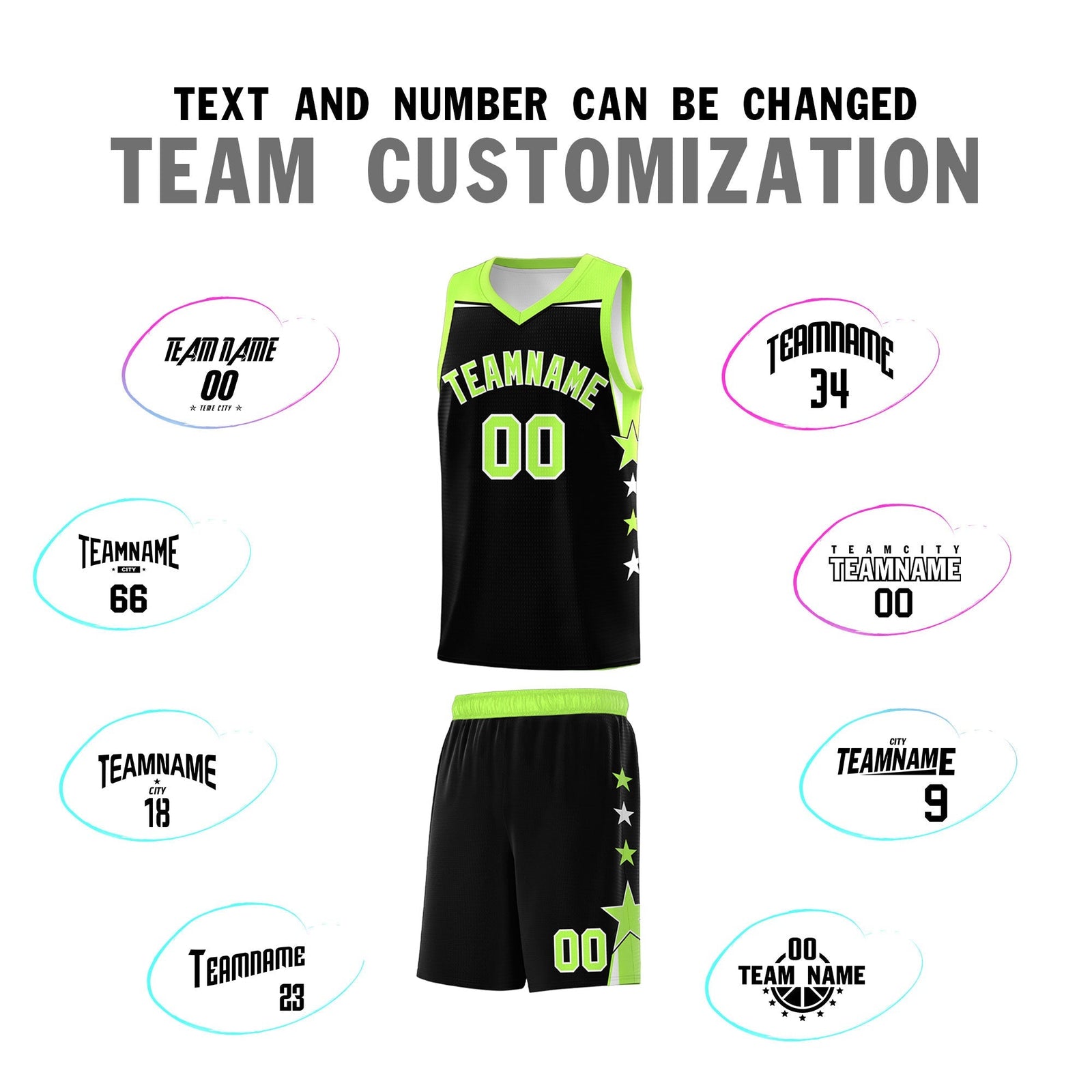 Custom Youth Basketball Uniform Black Fluorescent Green Two Tone Side Star Personalized Team Jersey