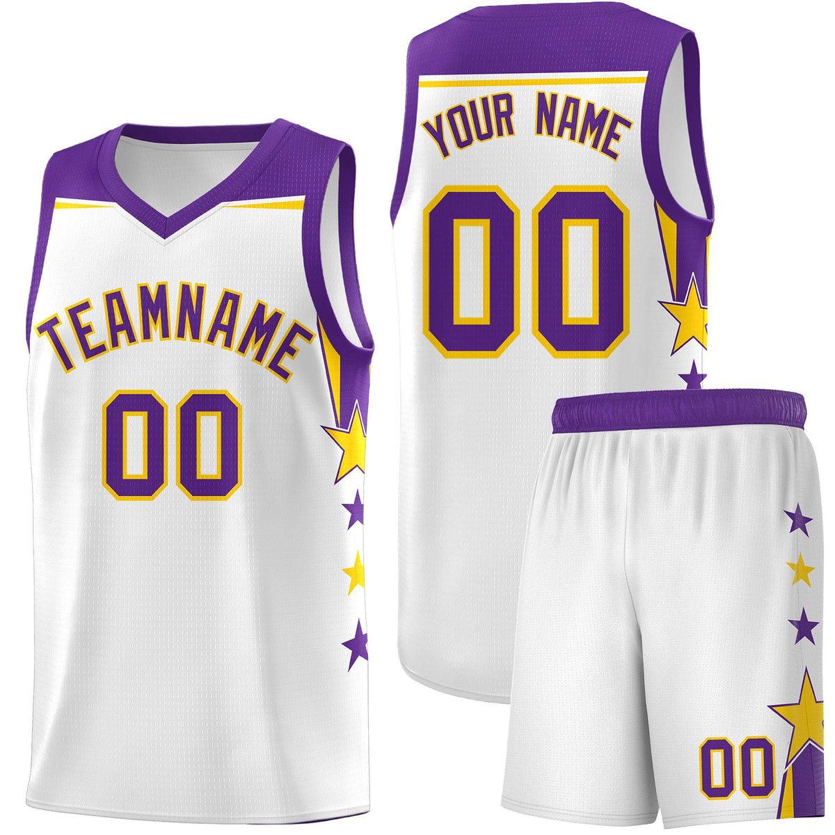 Custom Youth Basketball Uniform White Purple Two Tone Side Star Color Block Team Jersey