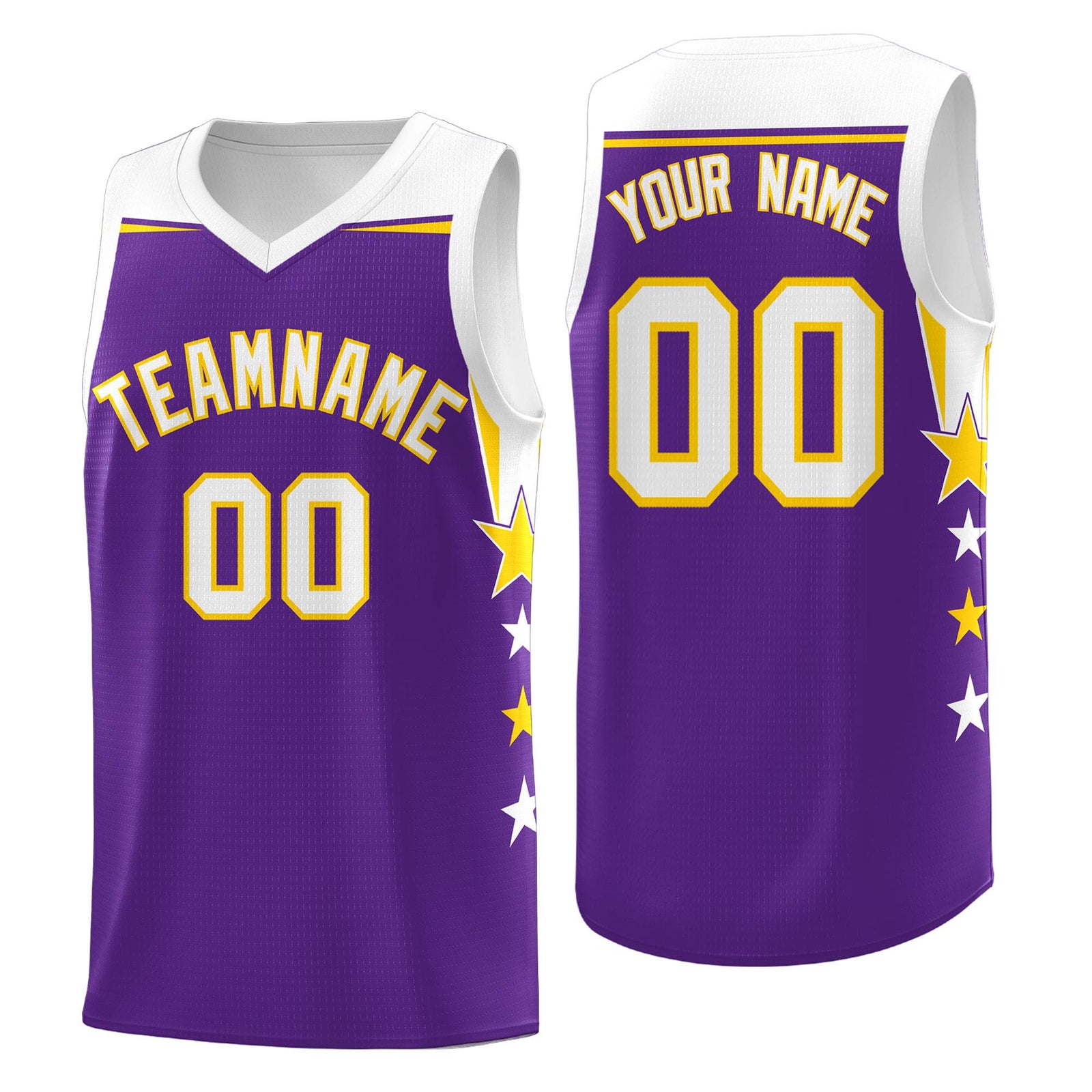 Custom Youth Basketball Uniform Purple White Two Tone Side Star Add Name Number & Logo