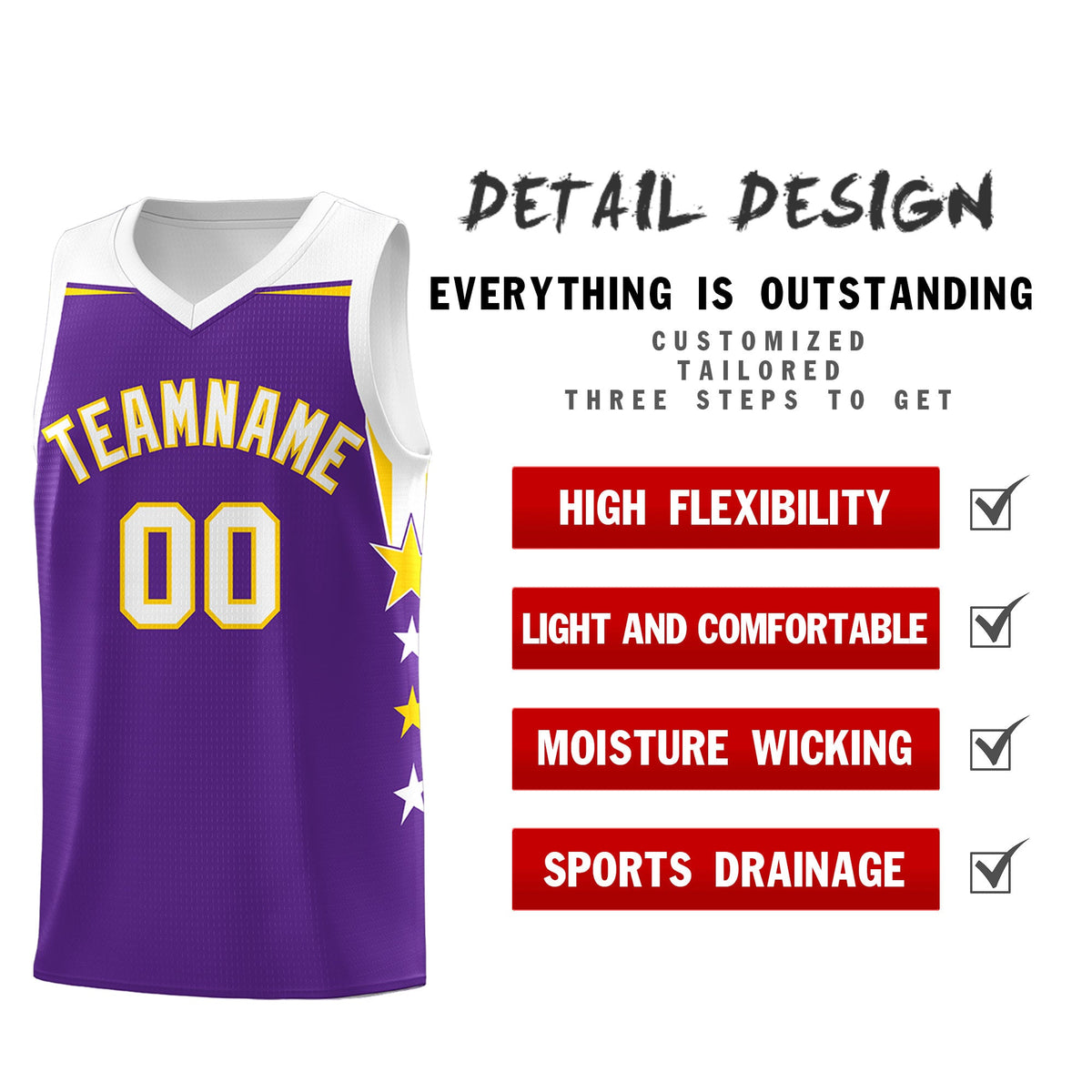 Custom Youth Basketball Uniform Purple White Two Tone Side Star Add Name Number & Logo