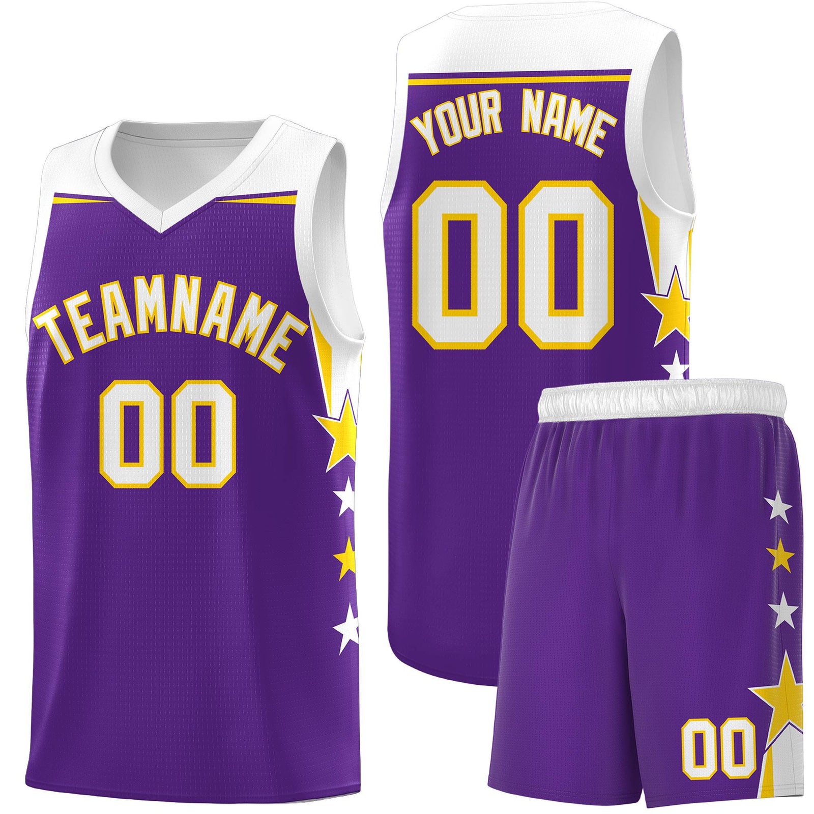 Custom Youth Basketball Uniform Purple White Two Tone Side Star Add Name Number & Logo