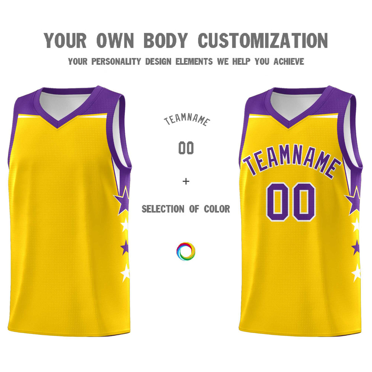 Custom Youth Basketball Uniform Gold Purple Two Tone Side Star Personalized Team Jersey