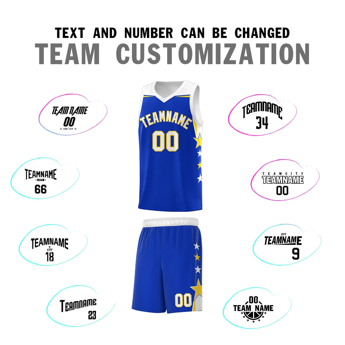 Custom Youth Basketball Uniform Royal White Two Tone Side Star Add Name Number & Logo