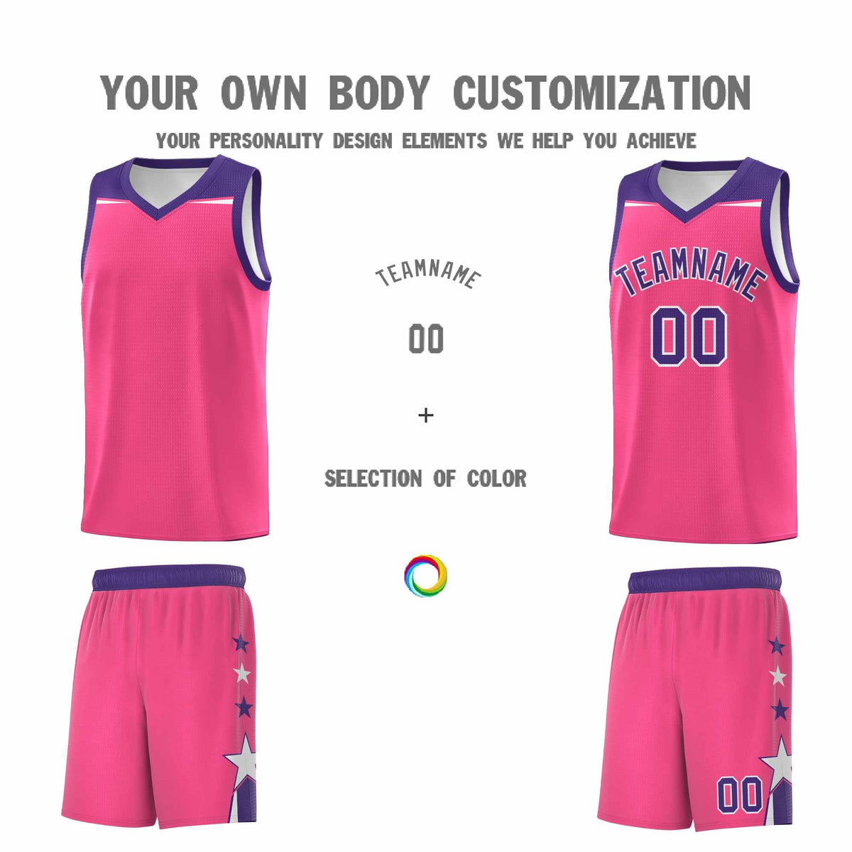 Custom Youth Basketball Uniform Pink Purple Two Tone Side Star Add Name Number & Logo