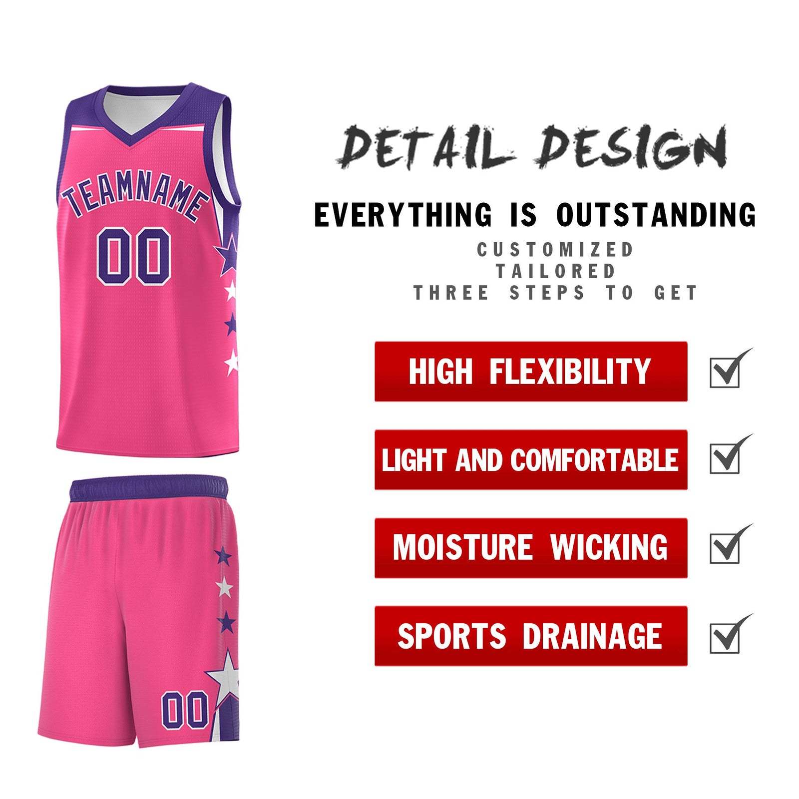 Custom Youth Basketball Uniform Pink Purple Two Tone Side Star Add Name Number & Logo