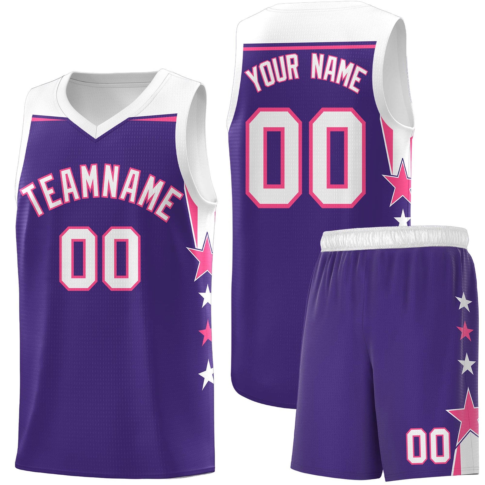 Custom Youth Basketball Uniform Purple White Two Tone Side Star Personalized Team Jersey