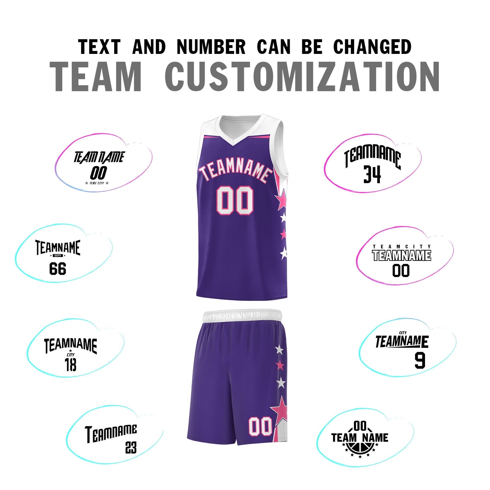 Custom Youth Basketball Uniform Purple White Two Tone Side Star Personalized Team Jersey