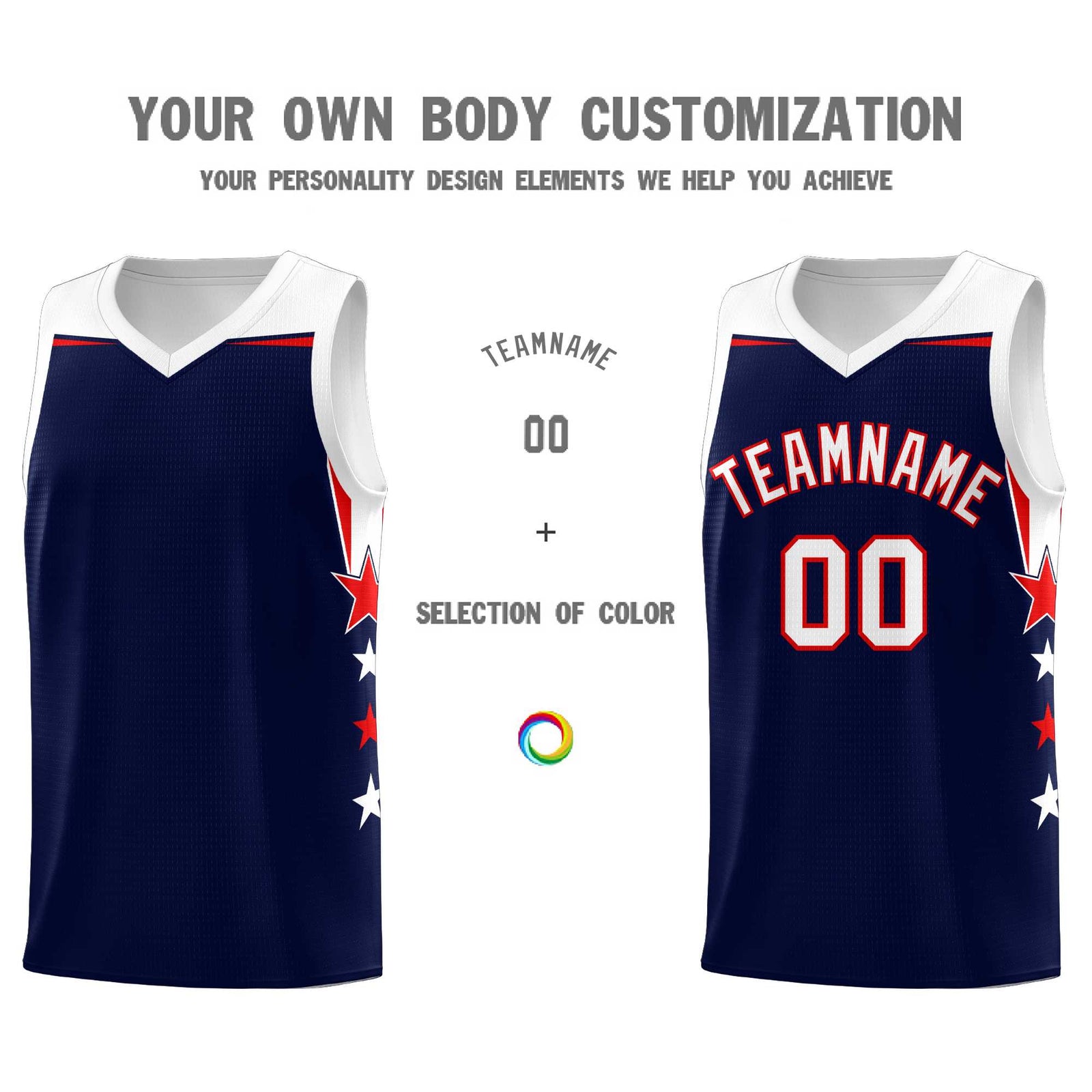 Custom Youth Basketball Uniform Navy White Two Tone Side Star Add Name Number & Logo