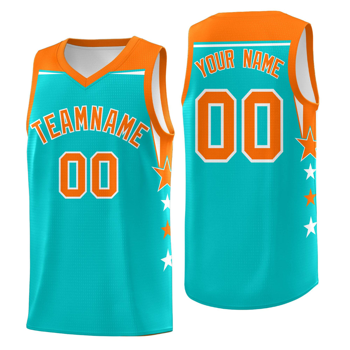 Custom Youth Basketball Uniform Aqua Orange Two Tone Side Star Personalized Team Jersey