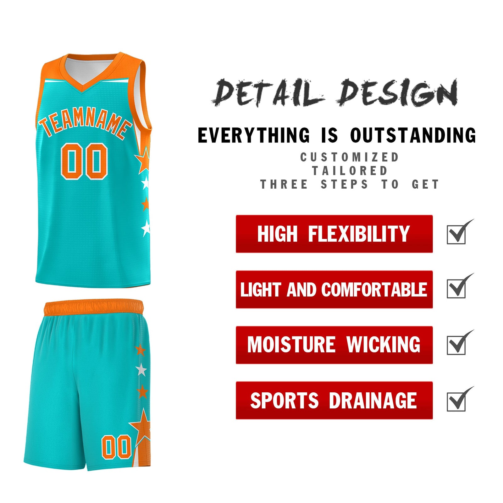 Custom Youth Basketball Uniform Aqua Orange Two Tone Side Star Personalized Team Jersey