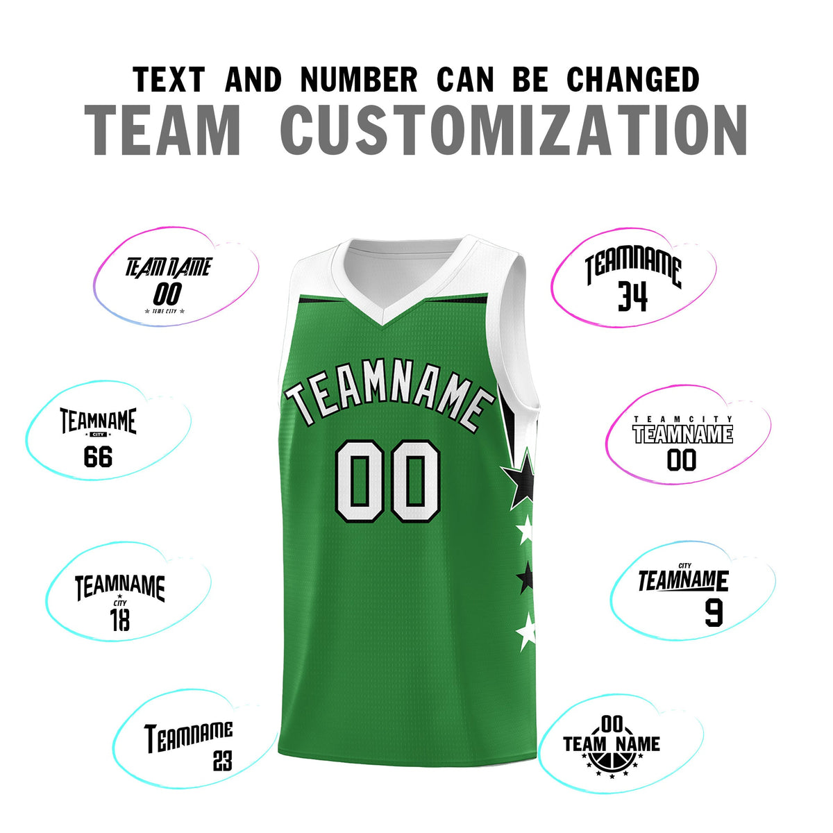 Custom Youth Basketball Uniform Kelly Green White Two Tone Side Star Add Name Number & Logo