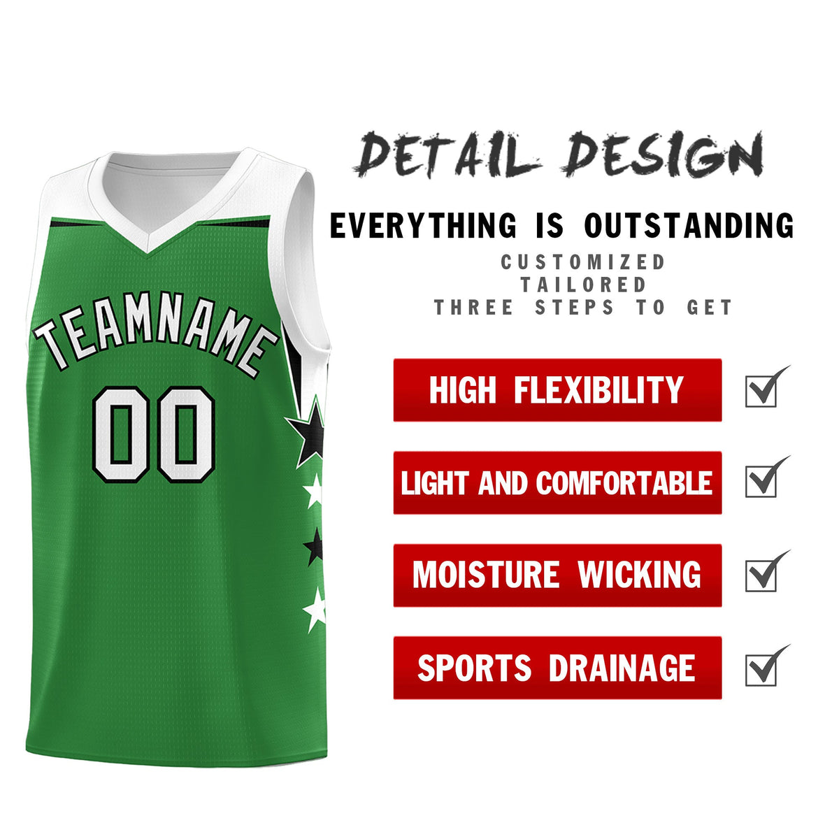 Custom Youth Basketball Uniform Kelly Green White Two Tone Side Star Add Name Number & Logo