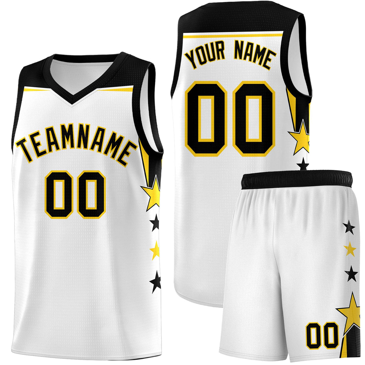 Custom Youth Basketball Uniform White Black Two Tone Side Star Color Block Team Jersey