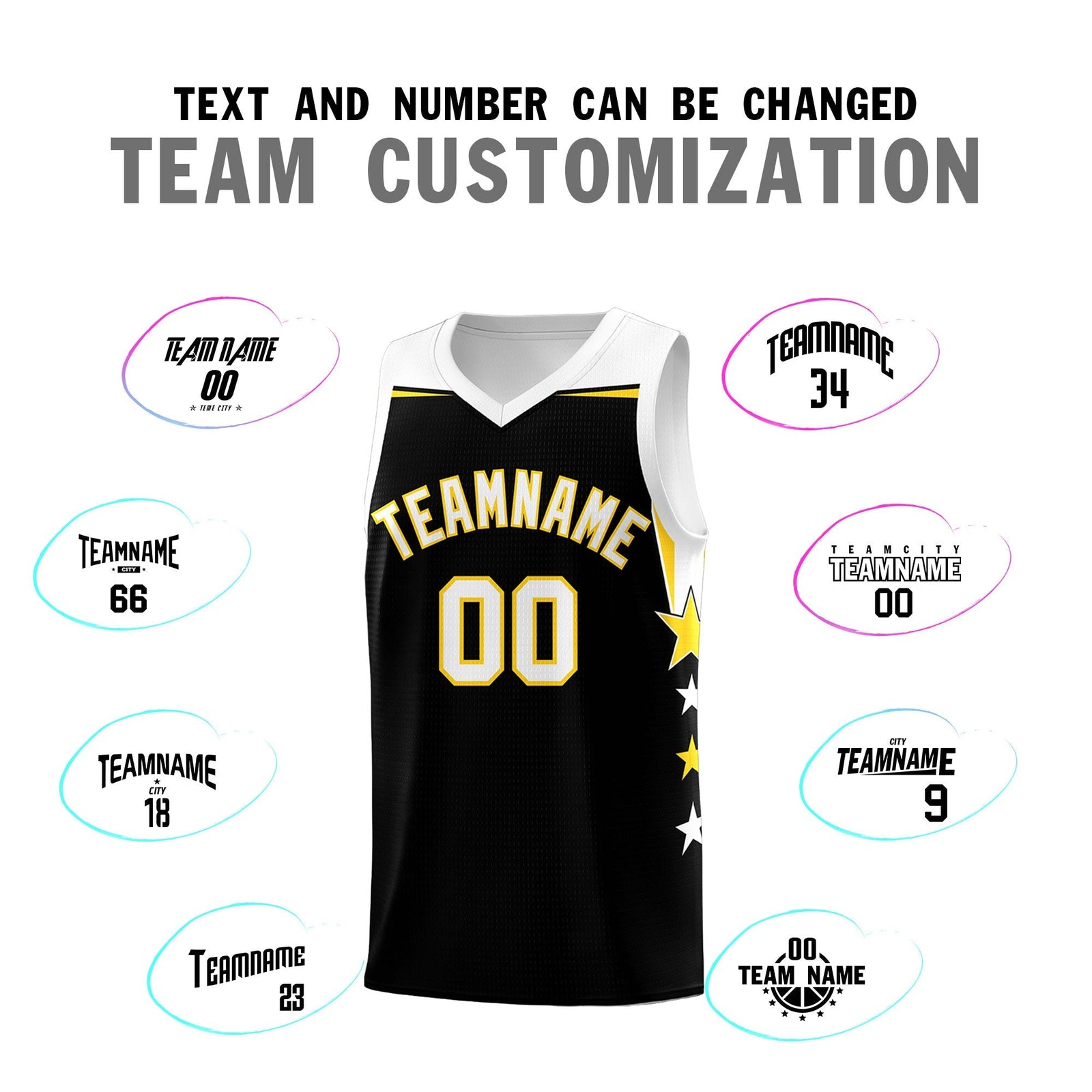 Custom Youth Basketball Uniform Black White Two Tone Side Star Add Name Number & Logo
