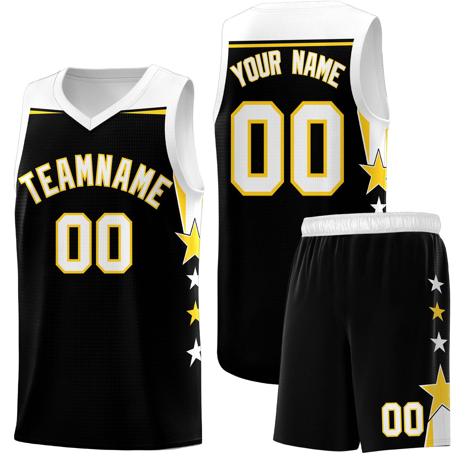 Custom Youth Basketball Uniform Black White Two Tone Side Star Add Name Number & Logo