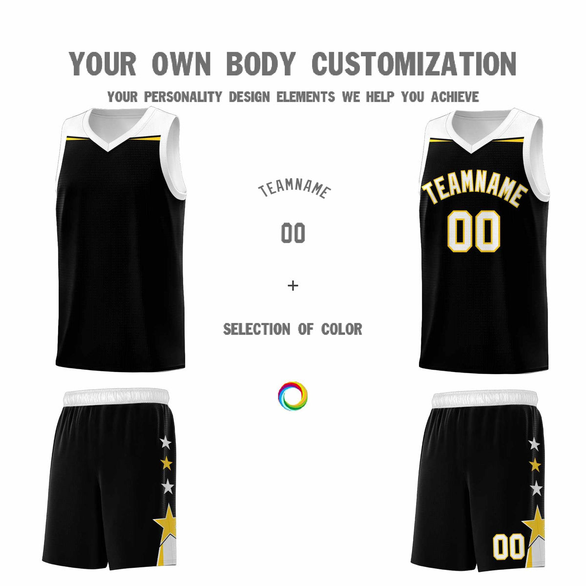 Custom Youth Basketball Uniform Black White Two Tone Side Star Add Name Number & Logo