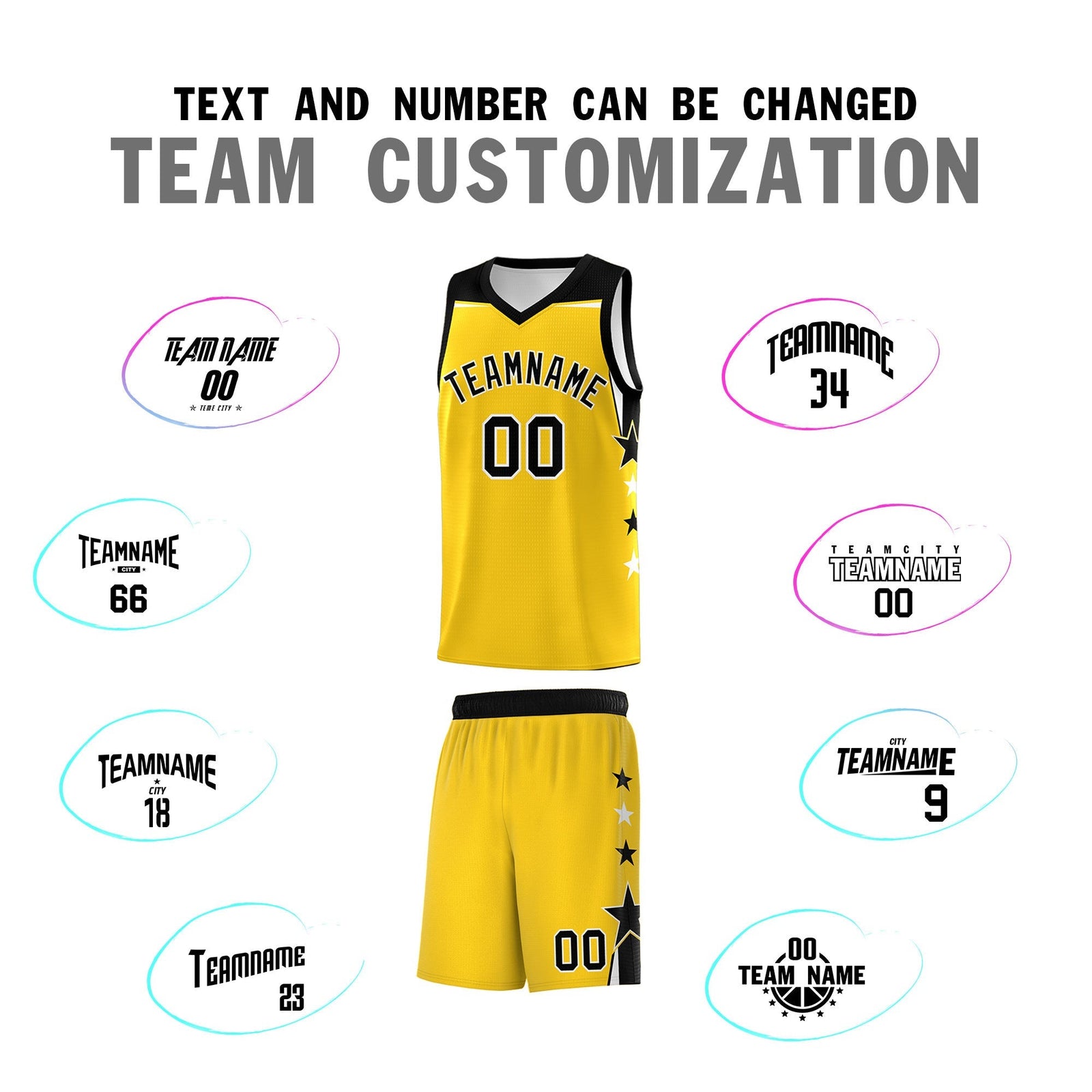 Custom Youth Basketball Uniform Gold Black Two Tone Side Star Personalized Team Jersey