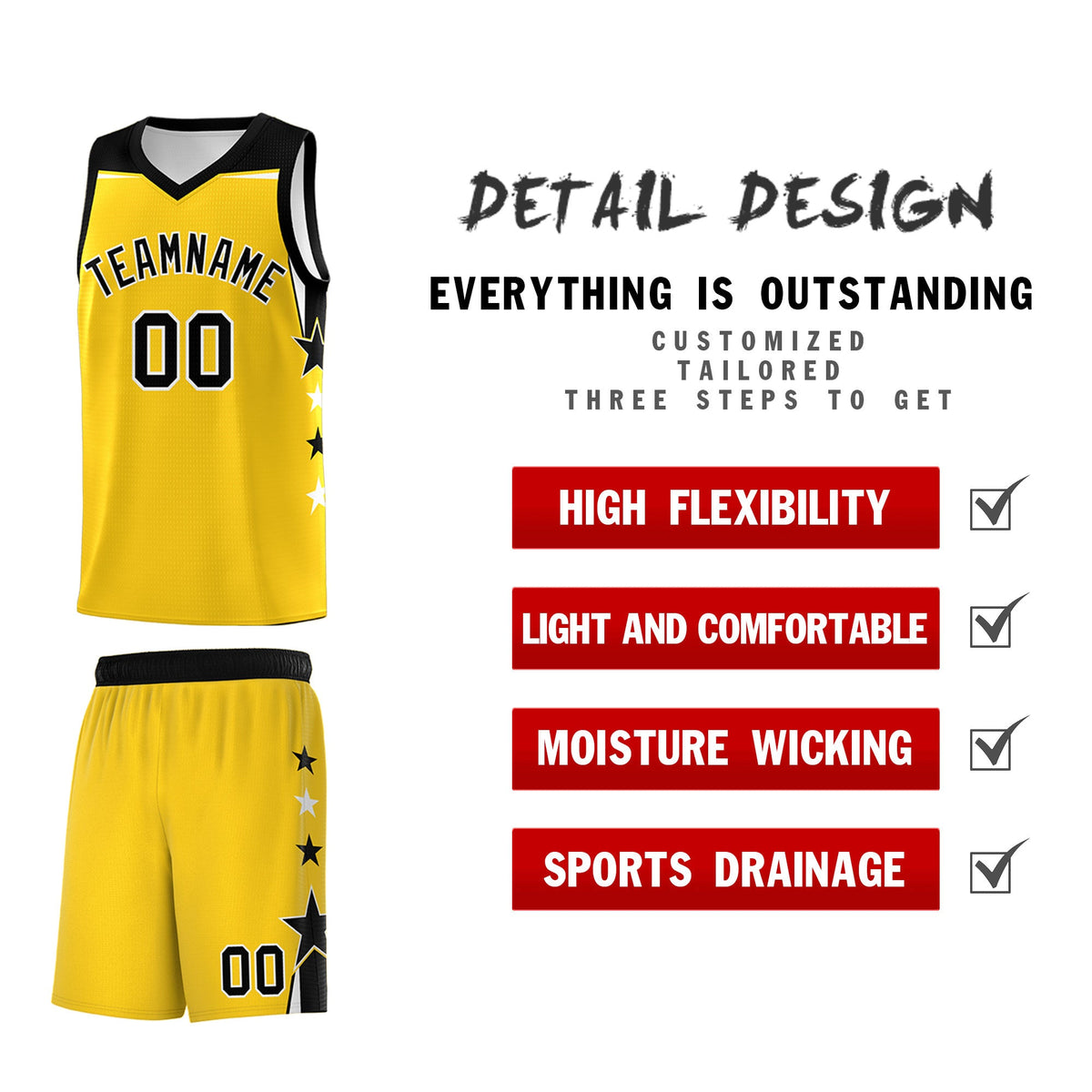Custom Youth Basketball Uniform Gold Black Two Tone Side Star Personalized Team Jersey