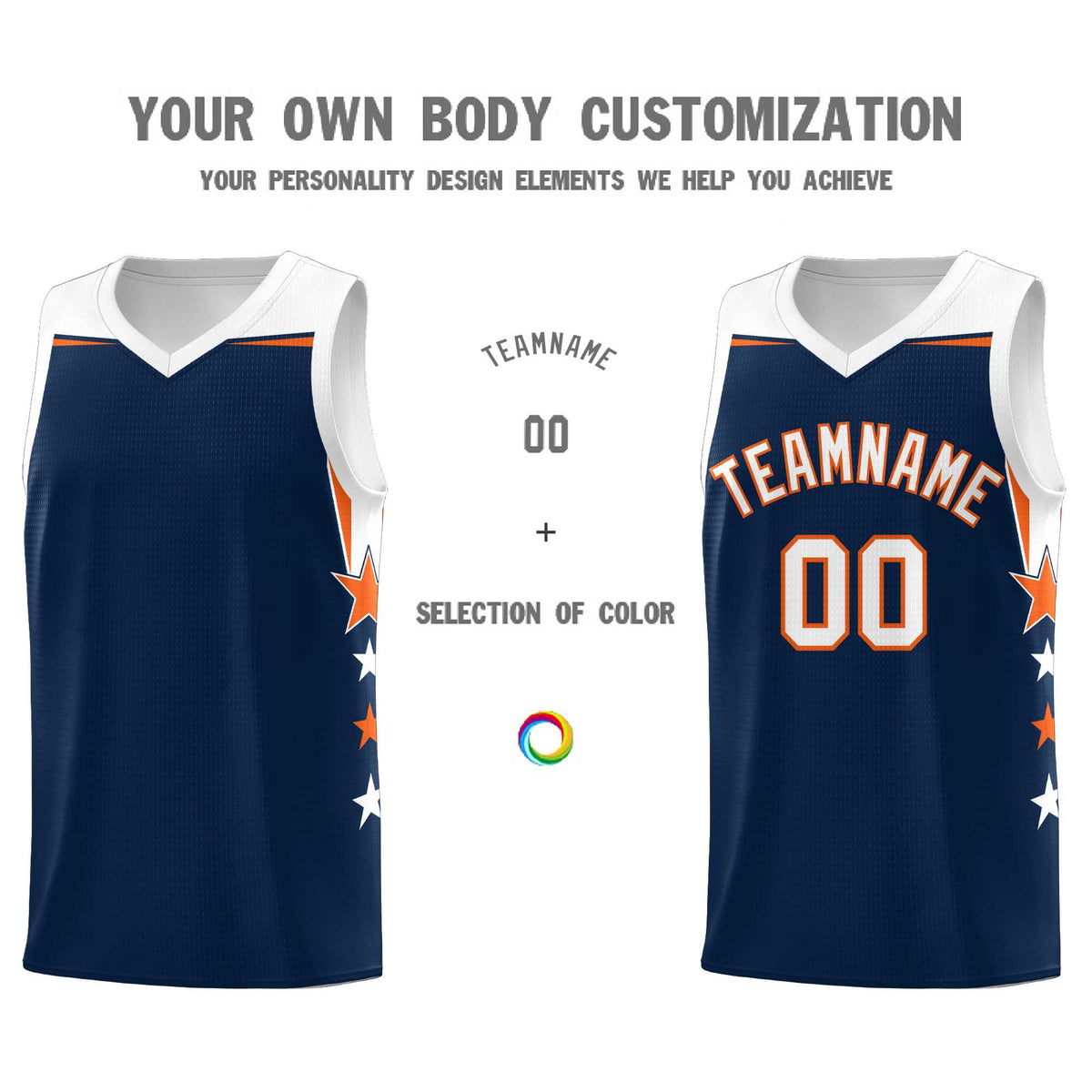 Custom Youth Basketball Uniform Navy White Two Tone Side Star Add Name Number & Logo