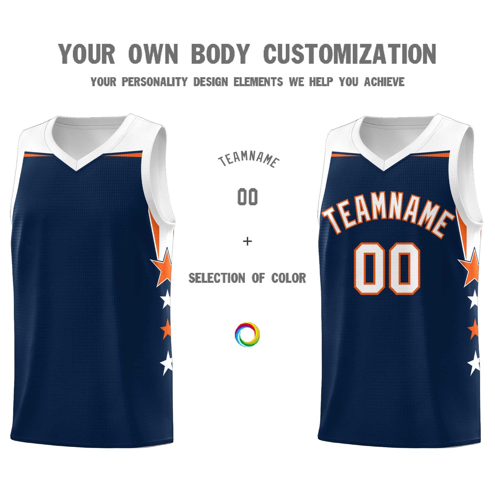 Custom Youth Basketball Uniform Navy White Two Tone Side Star Add Name Number & Logo