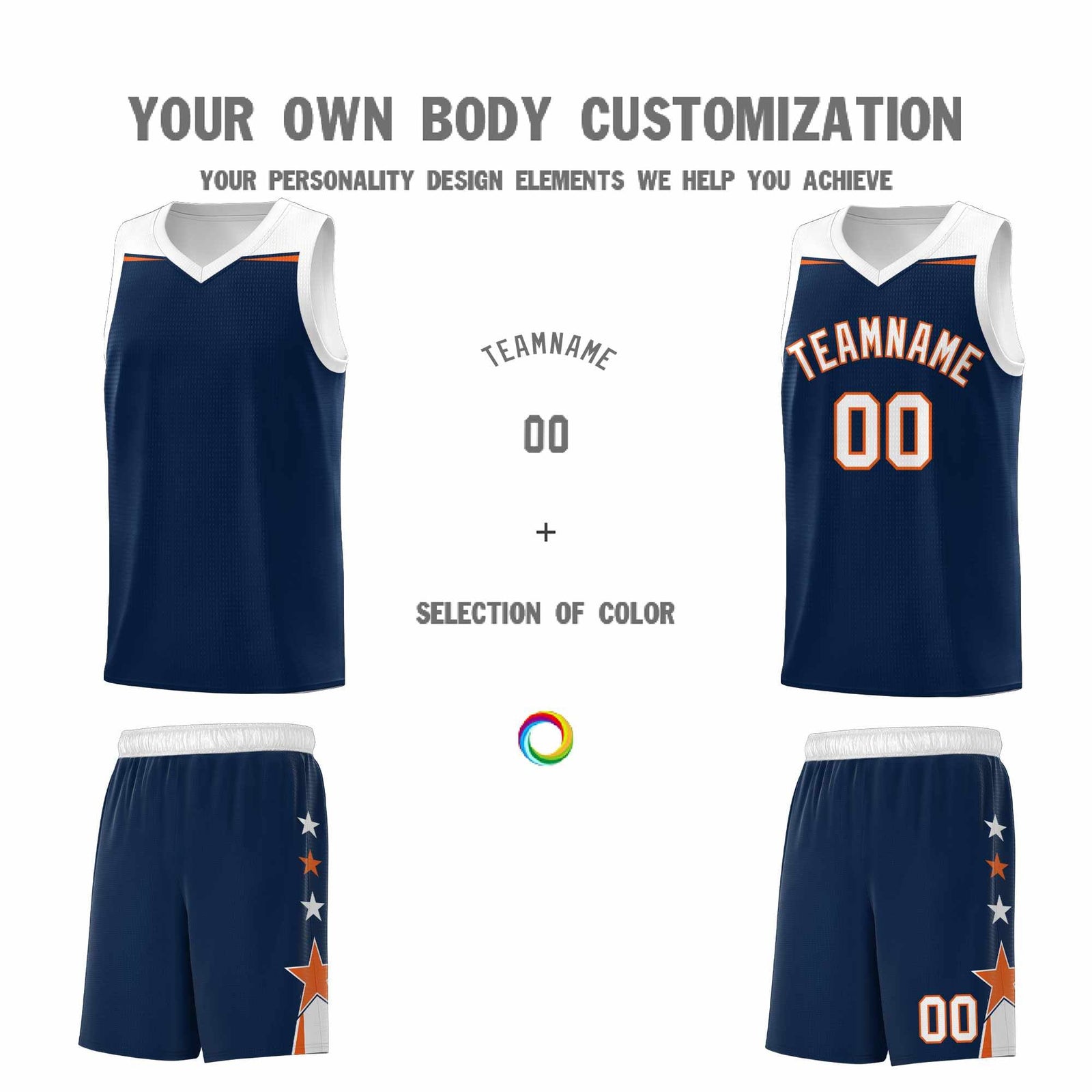 Custom Youth Basketball Uniform Navy White Two Tone Side Star Add Name Number & Logo