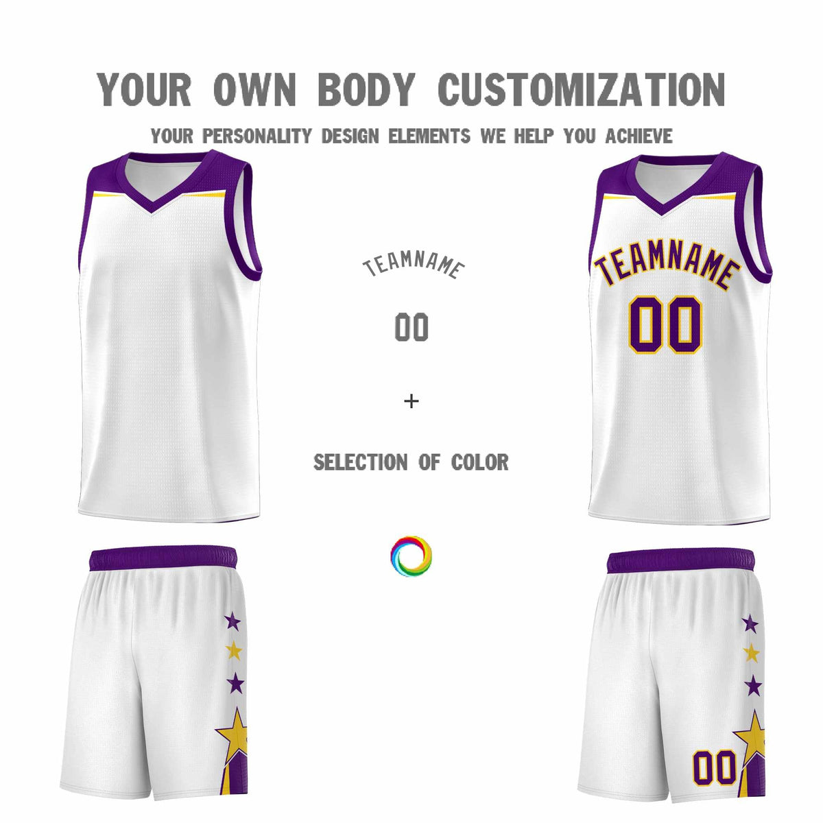 Custom Youth Basketball Uniform White Purple Two Tone Side Star Color Block Team Jersey