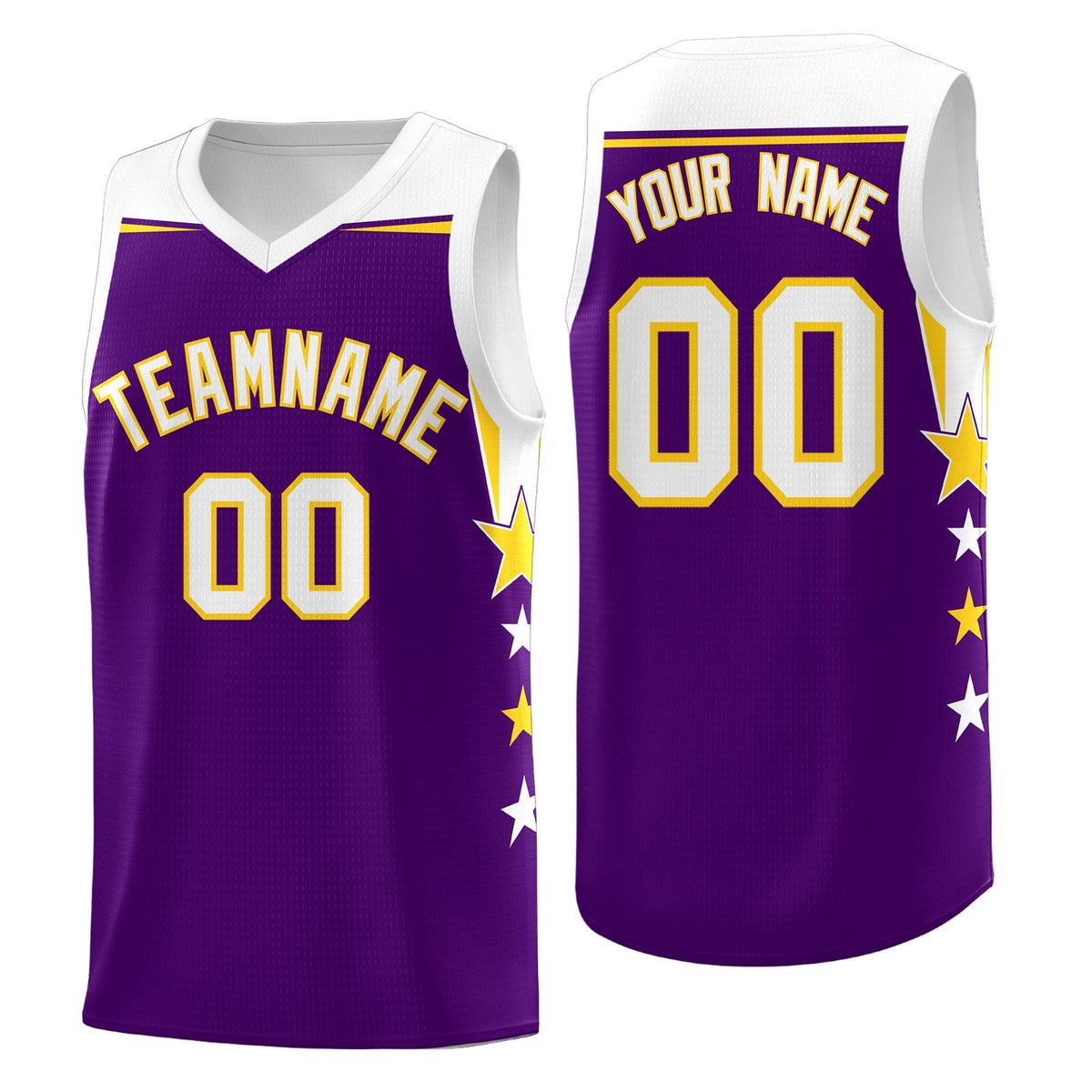 Custom Youth Basketball Uniform Purple White Two Tone Side Star Add Name Number & Logo