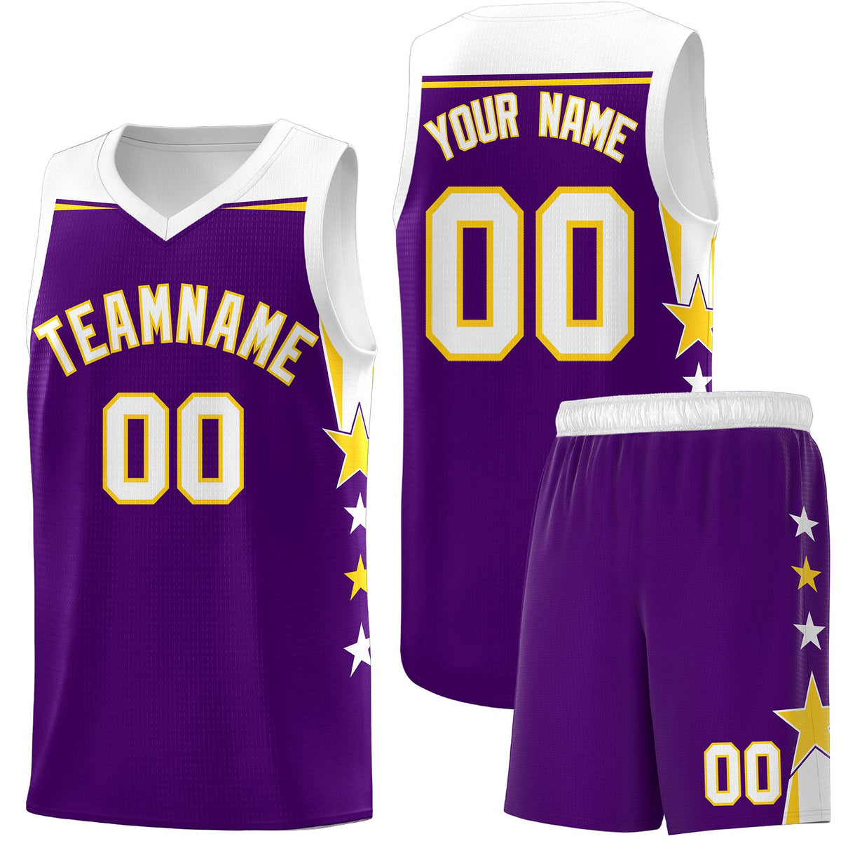 Custom Youth Basketball Uniform Purple White Two Tone Side Star Add Name Number & Logo